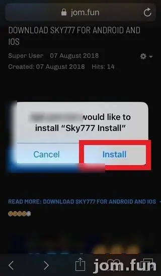 Safari prompt asking to install Sky777 Install, with the Install button outlined in red