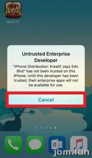 Untrusted Enterprise Developer pop-up naming iPhone Distribution: Kreatif Jaya Sdn. Bhd, Cancel outlined in red, SKY777 icon top-left