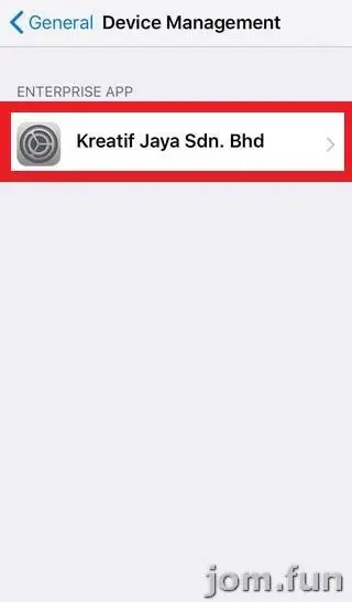Device Management screen with the Enterprise App entry Kreatif Jaya Sdn. Bhd outlined in red