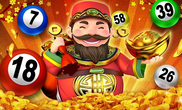 JDB lottery art: a laughing God of Wealth in a red hat holding a gold ingot, surrounded by numbered lottery balls (7, 18, 26, 39, 58) and piles of gold