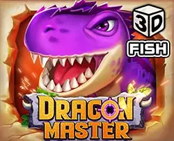 Dragon Master tile: a purple cartoon dinosaur-like dragon with big teeth bursting out of a rock wall, with a 3D FISH badge in the corner