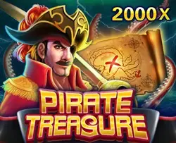 Pirate Treasure tile: a moustached pirate captain in a red coat and feathered hat holding a sword, a treasure map with an X behind him, 2000X in the top-right corner