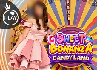 Sweet Bonanza Candyland tile: a presenter in a pink princess-style dress in front of a candy-coloured wheel, with a SUGAR BOMB segment visible