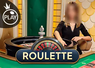 Pragmatic Play Roulette tile: a dealer seated behind a wooden roulette wheel, a green and gold scale-pattern wall behind her, green felt in front