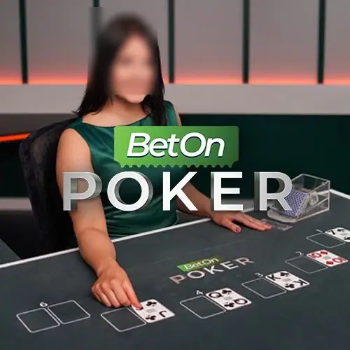 BetOn Poker tile: a dealer in a green dress pointing at card boxes on a grey table, boxes numbered up to 6 with cards dealt face up