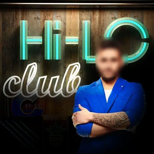 Hi-Lo Club tile: green neon HI-LO lettering and the word club on a wooden wall, a man in a blue blazer with a tattooed forearm, arms crossed