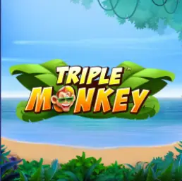 Triple Monkey title tile: yellow and orange lettering on green leaves, a monkey face in the O, over a beach and blue sea
