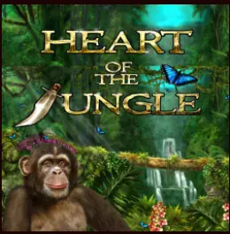 Heart of the Jungle tile: gold title lettering with a machete, a young chimp in the foreground, a blue butterfly and a waterfall behind