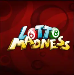 Lotto Madness tile: cartoon title lettering with lottery balls numbered 6 and 8 standing in for the O's, on a dark red background