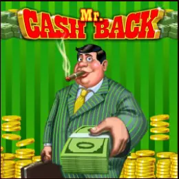 Mr Cashback tile: a smiling man with a cigar in a green pinstripe suit and yellow tie, holding out banknotes, with a briefcase and stacks of gold coins