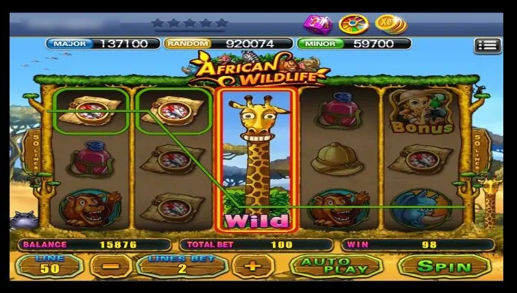 African Wildlife: explorer-themed symbols, an expanded giraffe wild on reel 3, and a jackpot bar reading MAJOR 137100, RANDOM 920074, MINOR 59700
