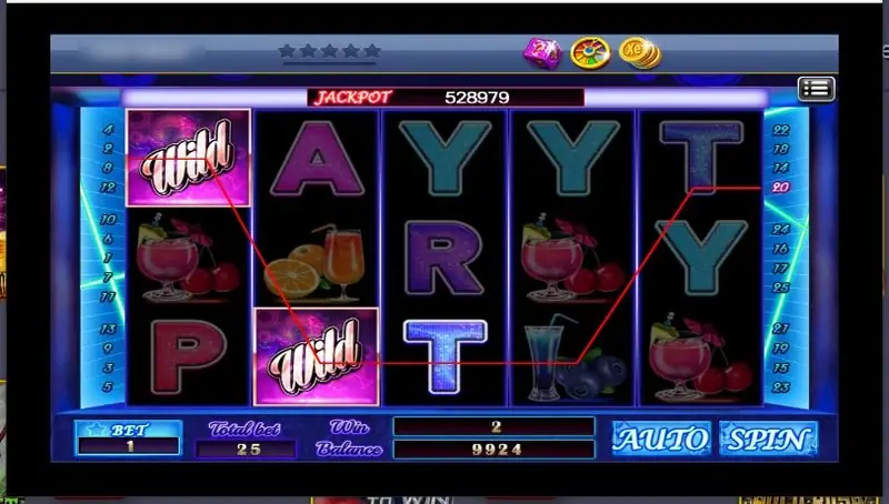 Cocktail Party: letters P, A, R, T, Y and cocktail glasses on dark neon reels with two Wild symbols and a jackpot of 528979