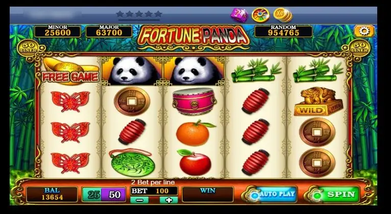Fortune Panda: pandas, red lanterns, butterflies, coins and fruit on five reels, with 25 and 50 line toggles and MINOR, MAJOR, RANDOM counters